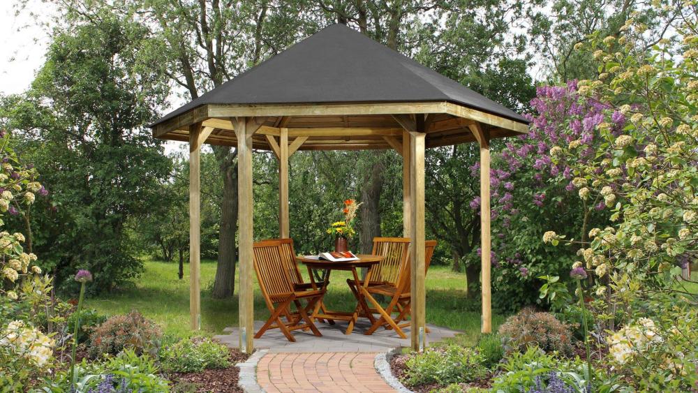 Kiosque hexagonal - SOLID - Pavilion 351,7x305,4cm - Bois de pin traité -  Treillis décoratifs - Cdiscount Jardin