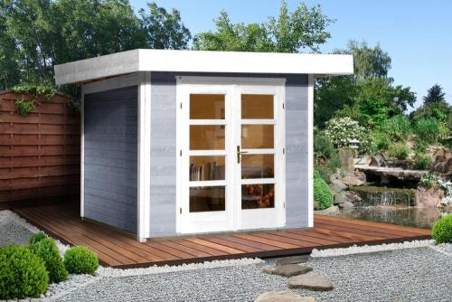 Abri Design gris au toit plat sur une terrasse en bois