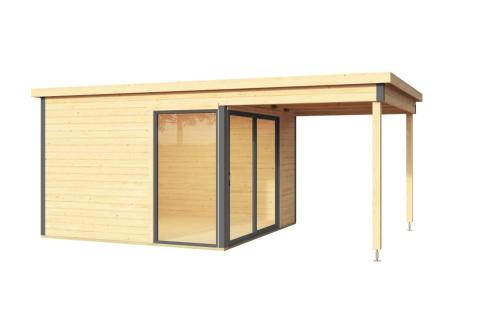 Abri moderne en bois à toit plat avec baies vitrées et extension
