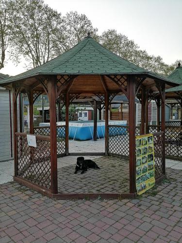 Kiosque en Bois avec toit sinisant sur une expo avec un chien dessous